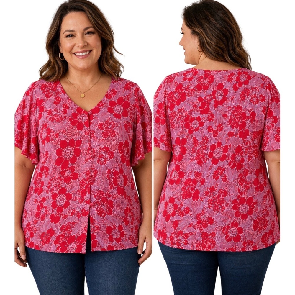 Studio 1940 Floral Blouse Red White Size 30/32W (3X) V-Neck Flutter Sleeve